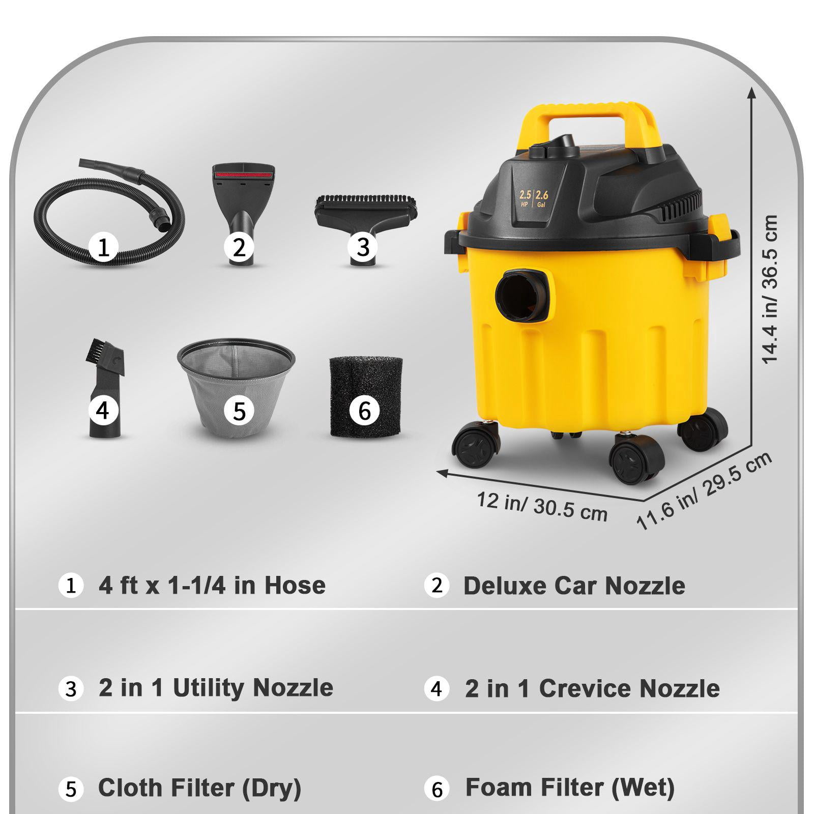 2.6 Gallon 2.5 Peak HP 3 in 1 Portable Wet Dry Shop Vacuum with Blowing Function and Attachments Storage for Floor Upholstery Gap Car Cleaning Black Yellow ETL Listed