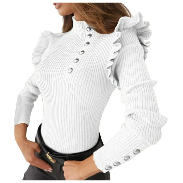 Yuyuzo Chandails en Tricot Côtelé pour Femmes Mode Manches Longues Col Roulé Ajusté Extensible