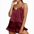 thumbnail image 2 of Womens Pajama Sets Silk Satin Solid Color Sexy Spaghetti Strap V Neck Ruffled Camisole With Shorts Two Piece Pajamas For Women Set Sleepwear Daily-Wear,Wine,XL, 2 of 6