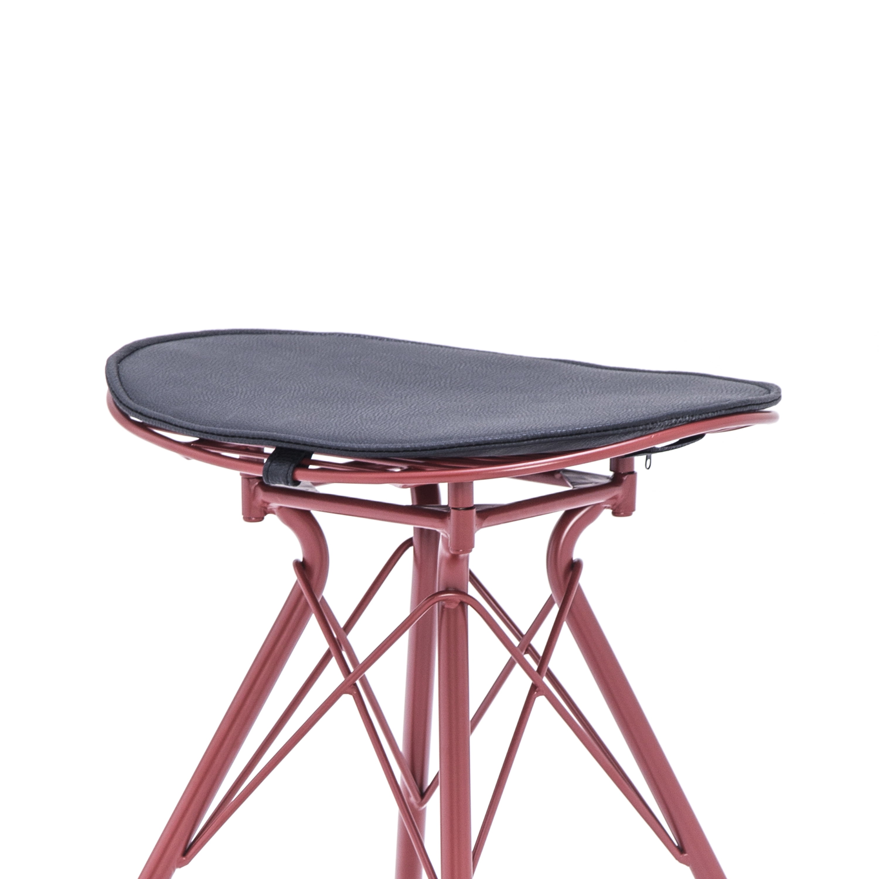 Industrial Metal Barstool with Faux Leather Seat Pad and Wood Accented Foot Rest, 24 Inch Seat Height, Dark Red, Set of 2