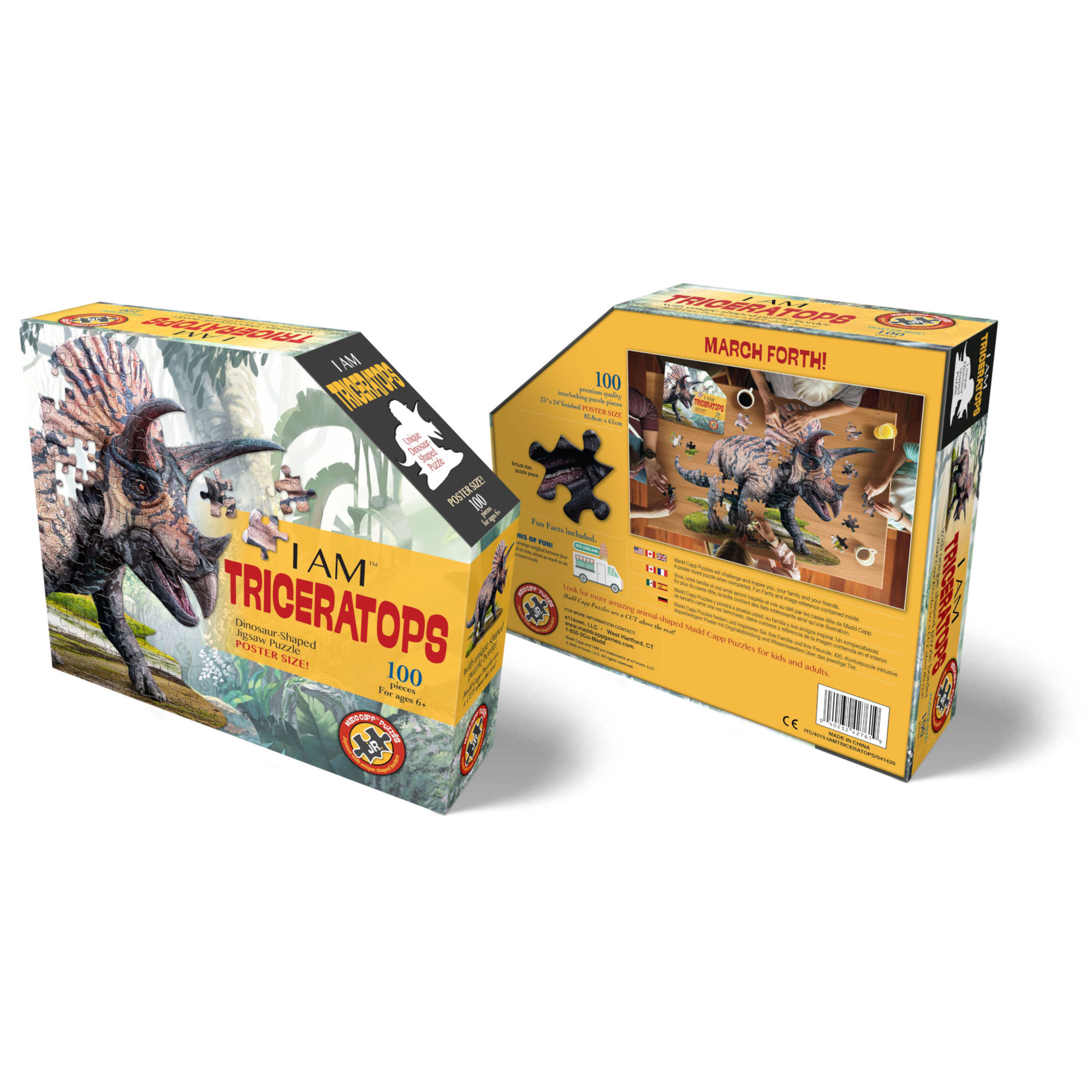 Madd Capp TRICERATOPS 100 Piece Jigsaw Puzzle For Ages 6+ - 4015 - Unique Animal-Shaped Border, Poster Size when completed, Oversized Puzzle Pieces For Easy Handling, Includes Educational Fun Facts