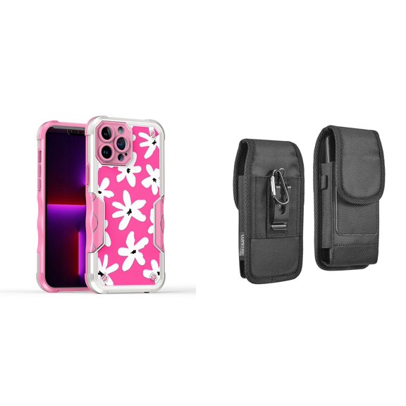 Case and Pouch Bundle for iPhone 14: Heavy Duty Armor Rugged Case (White Flowers on Pink) and Vertical Rugged Nylon Belt Holster
