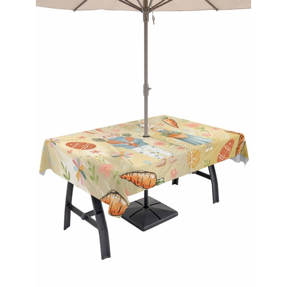 Spring Easter Outdoor Tablecloth - 60x120 Inch Rectangle Dining Table Cover, Bunny Carrots Eggs Floral Botanical Yellow Waterproof Outdoor Table Cloth with Umbrella Hole & Zipper for Picnic/Patio