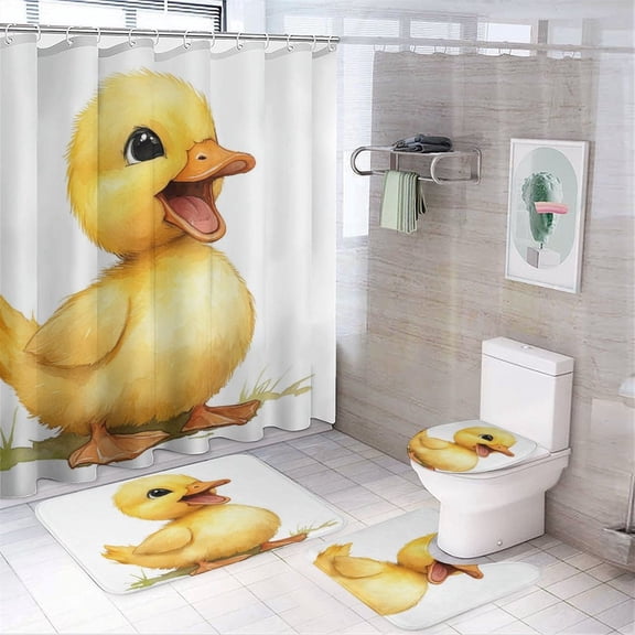 Cute Watercolor Yellow Duck 4Pcs Shower Curtain Sets with Rugs Bath Mat U-Shaped Floor Mat Toilet Lid Oval Rug Duck Decor Waterproof Personality Pattern Bath Curtains for Bathroom Decor Sets