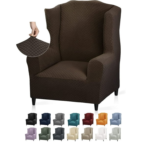 1 Piece Stretch Wingback Chair Slipcover Latest Jacquard Design Wing Chair Cover Non Slip Furniture Protector with Foam Rods for Living Room (Wing Chair, Dark Coffee)