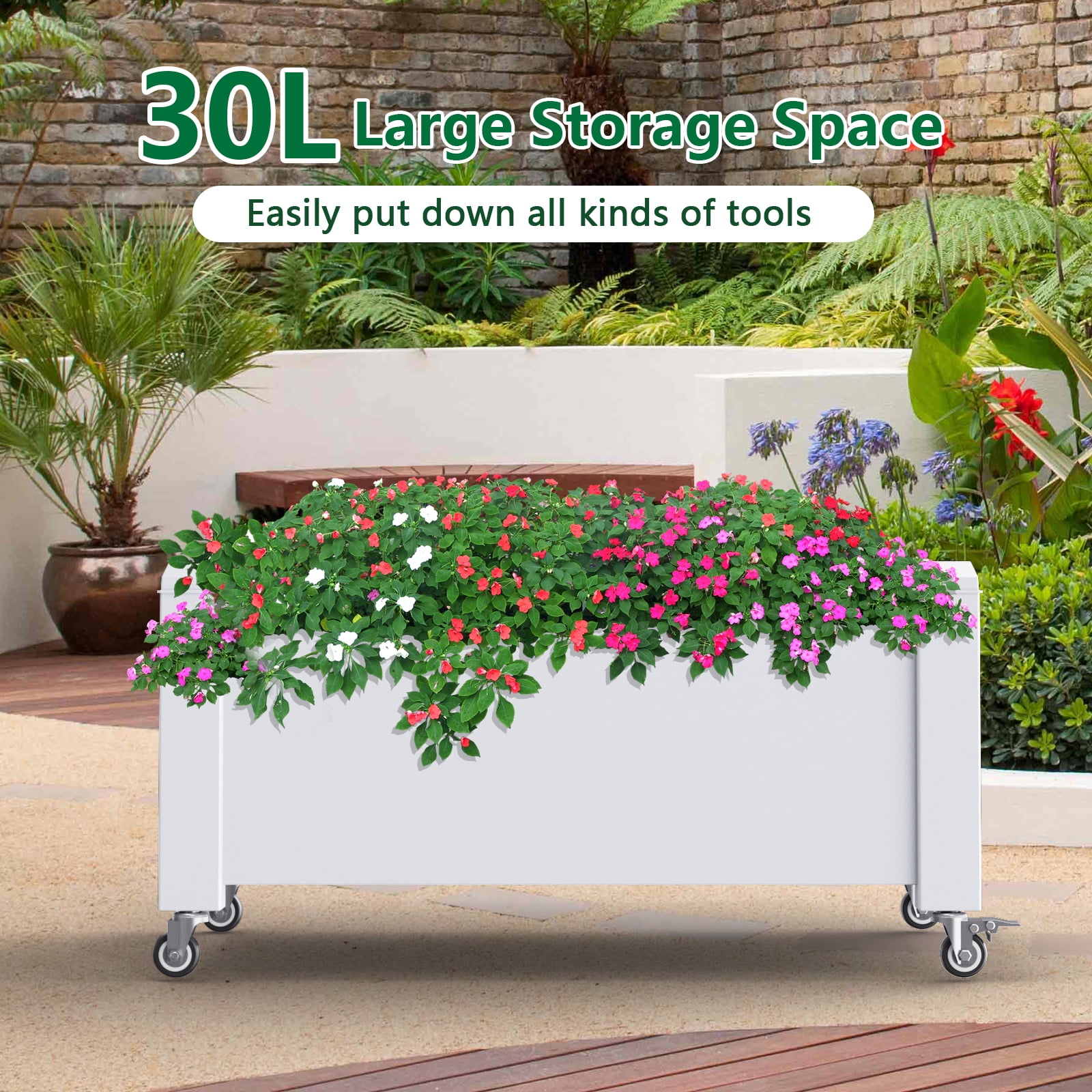Joxxoaa Raised Garden Bed with Wheels,Self-Watering Raised Planter Box with Drainage Plug & Gauge for Vegetables Flowers Herbs Succulents, Rustproof Resin for Backyard Patio Porch (White)