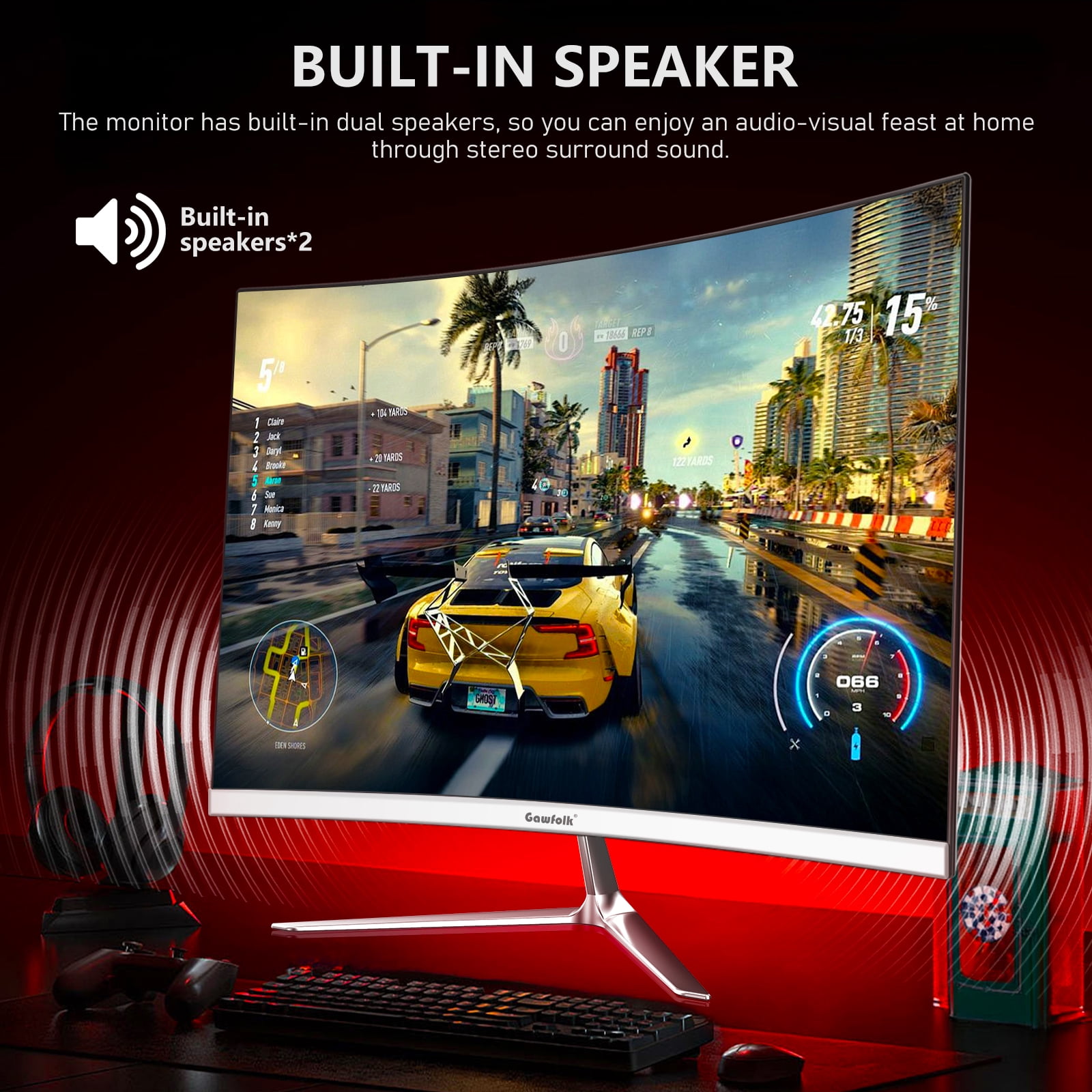 Gawfolk 24.5"  Gaming Monitor Curved 1080P 120Hz with Built-in Speakers,Upports 75×75mm Wall Mount, Black