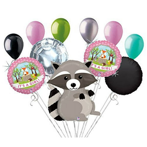 11 pc Woodland Raccoon It's a Baby Girl Animals Balloon Bouquet Party Decoration