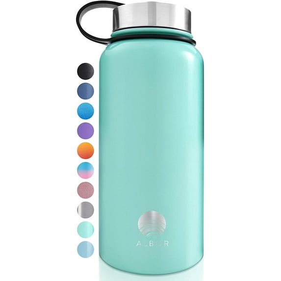 ALBOR Triple Insulated Water Bottle with Straw and 4 interchangeable lids Stainless Steel And Leak Proof 32 Oz Seafoam