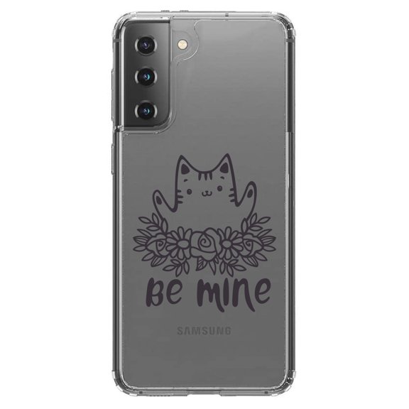 DistinctInk Clear Shockproof Hybrid Case for Galaxy S21 5G (6.2" Screen) - TPU Bumper Acrylic Back Tempered Glass Screen Protector - Valentine Cat - Be Mine Flowers