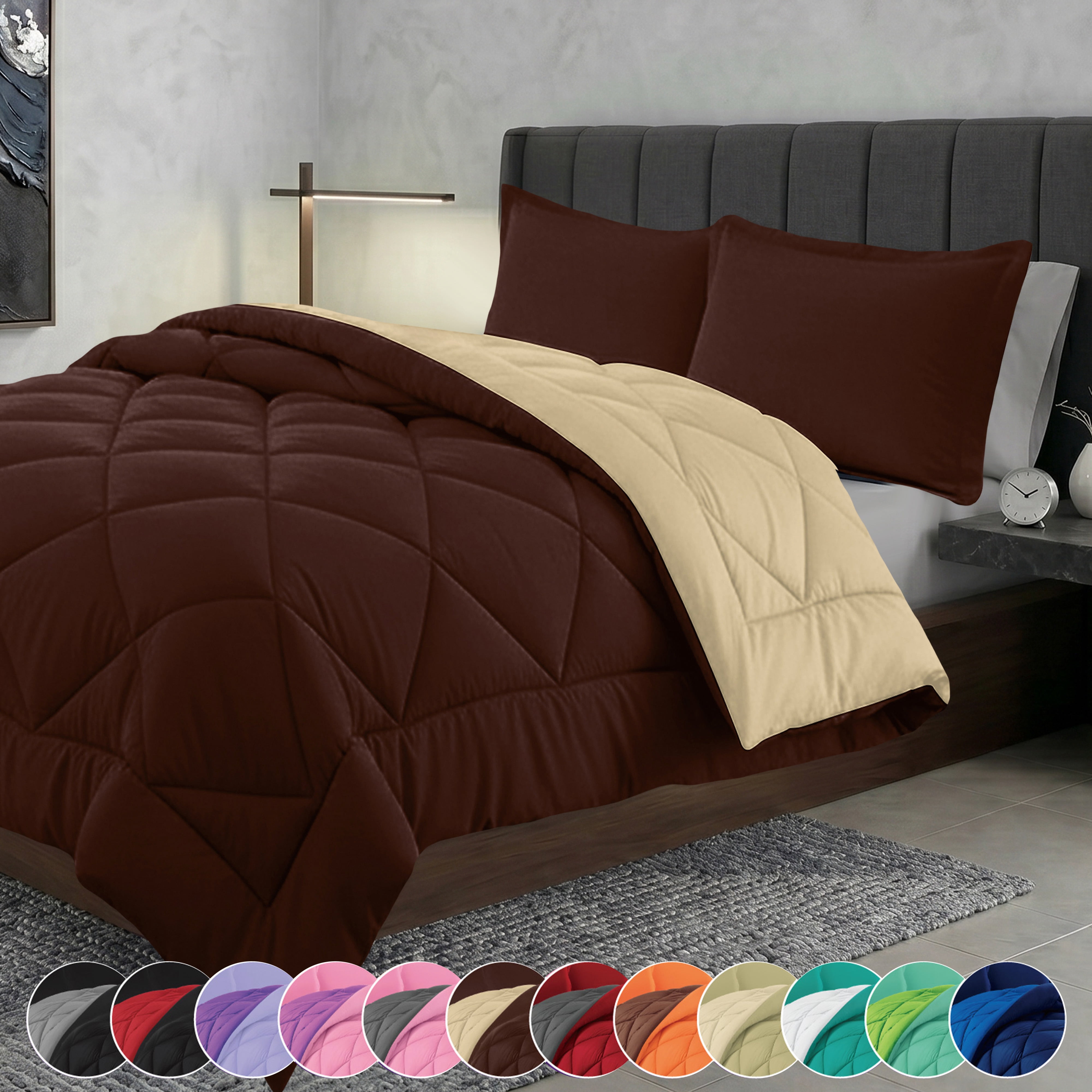 Elegant Comfort Reversible Down Alternative Comforter Set, Soft Microfiber All-Season Bedding, Lightweight Wrinkle & Fade Resistant Comforter,King/Cal King, Brown/Cream