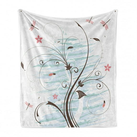 Dragonfly Soft Flannel Fleece Blanket, Grunge Paint Flower Swirled Branches Buds Abstract Spring Nature Image, Cozy Plush for Indoor and Outdoor Use, 70" x 90", Pale Pink Brown Mint, by Ambesonne