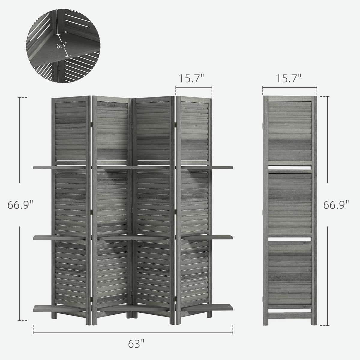 Spaco 4 Panel 67" Tall Wood Privacy Screen, Room Divider with 3 Shelves and Folding Storage for Indoor as Living Room, Bedroom, Gray