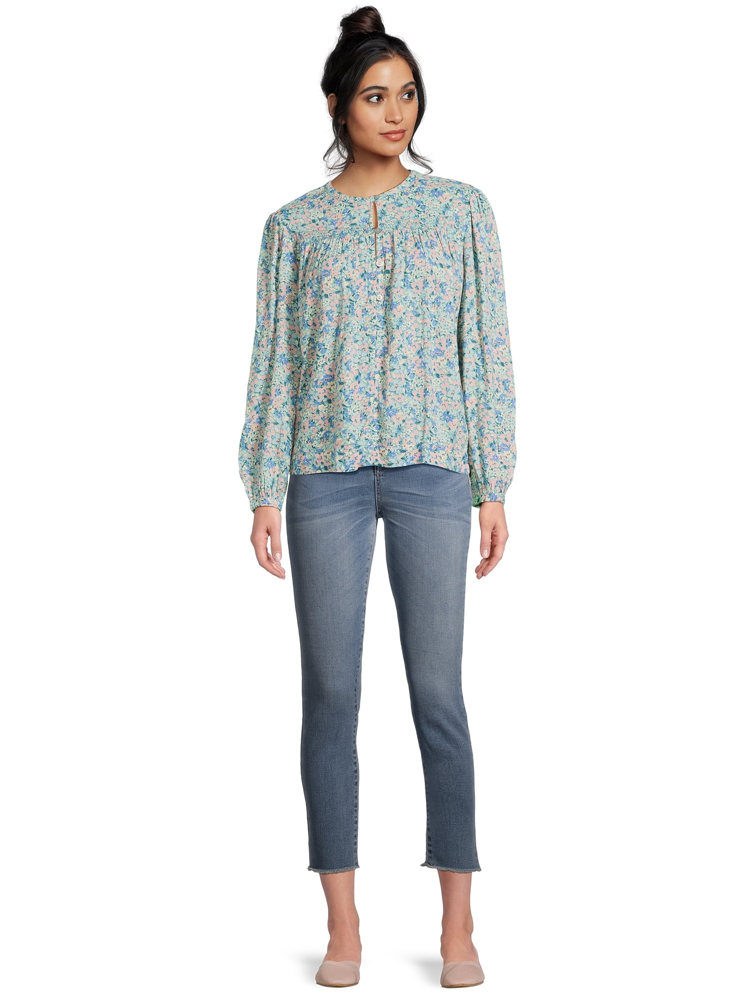 Time and Tru Women's Lace Inset Top with Long Sleeves, Sizes XS-XXXL