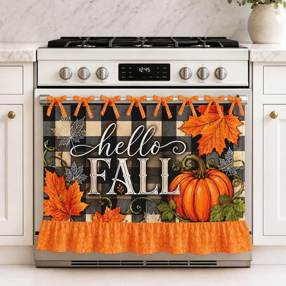 Hello Fall Oven Skirts Rustic Pumpkin Buffalo Plaid Farmhouse Tie Top Oven Curtain for Door Decorative Stove Cover Dishwasher Cover for Cottage Kitchen Decor