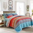 thumbnail image 6 of 3 Pieces Colorful Bohemian Quilt Set California King Size, Boho Striped Pink n Teal Printed Bedding Bedspread Coverlet Set for Summer, Soft Lightweight Microfiber Quilt with 2 Shams (102x114 inces), 6 of 10
