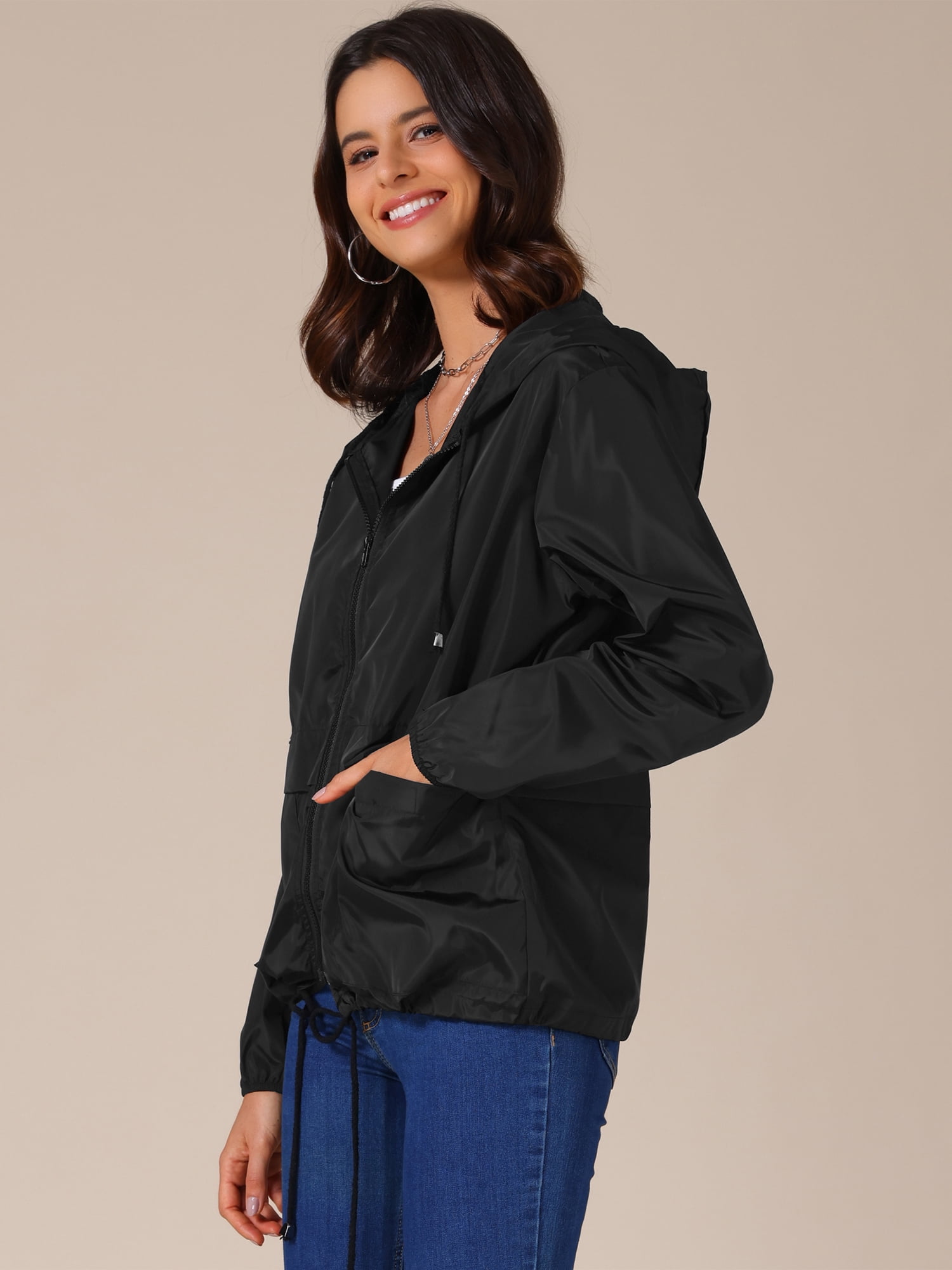 DARING DIVA Women's Lightweight Windbreaker Jacket with Hood Pockets L Black