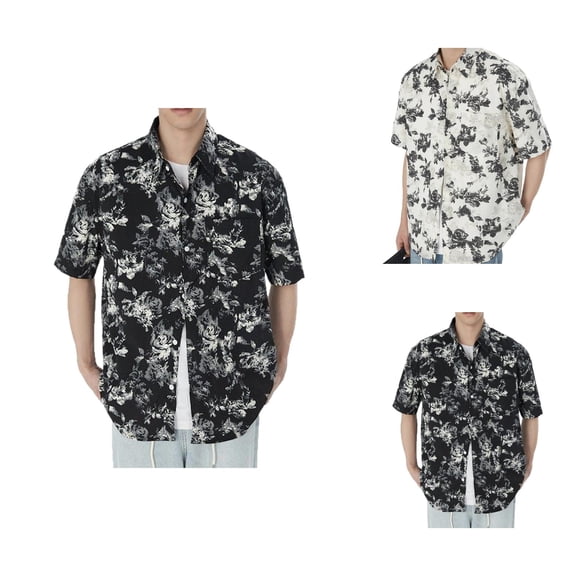 Rose Floral Printed Shirts for Men 2026 Summer Casual Short Sleeve Button Down Collared Shirt