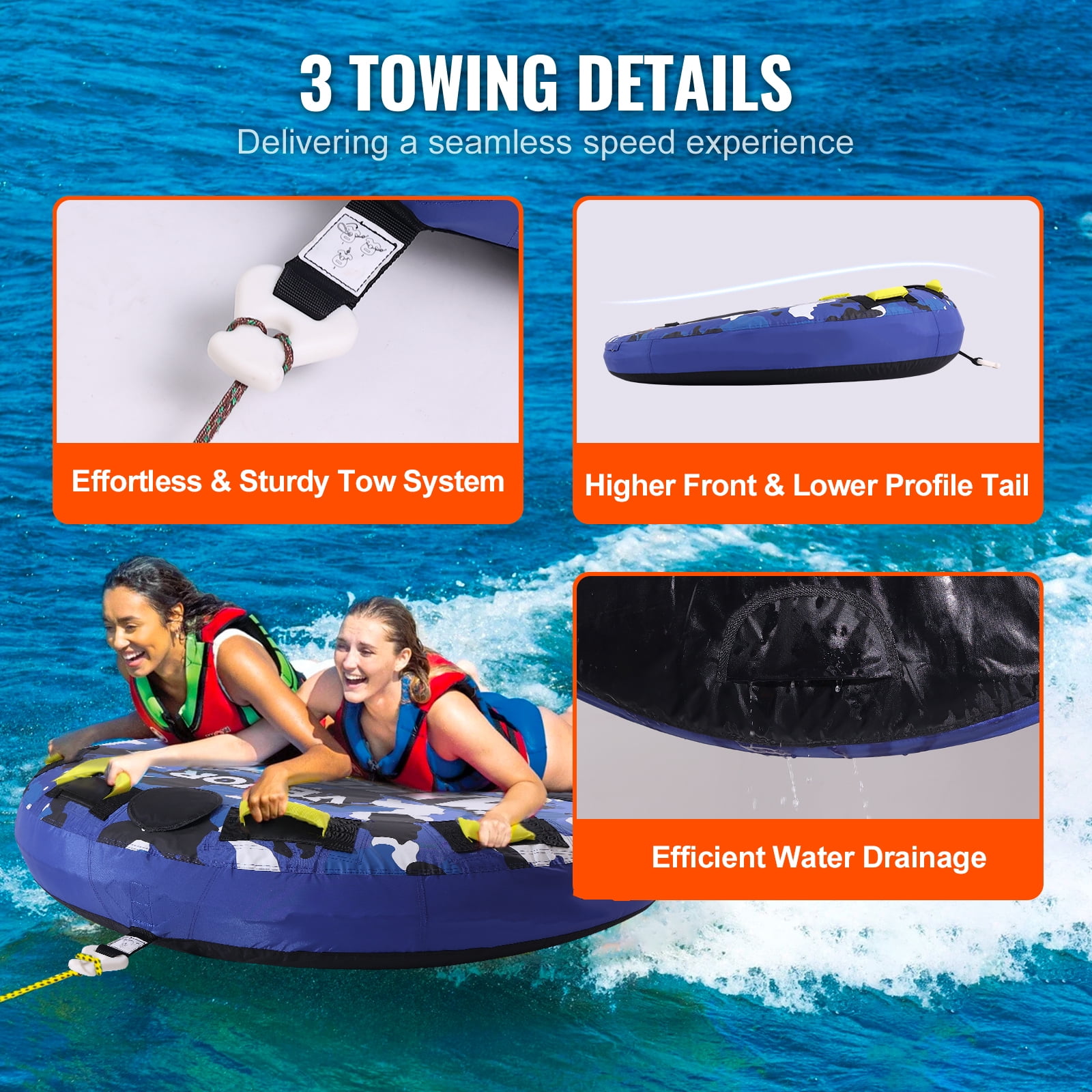 KFFKFF Towable Tube for Boating, 340 lbs Capacity, Inflatable Water Sport Tube for 1-2 Riders, 51.8" Round Design with Durable Nylon Cover, EVA Handles, and Quick-Release Safety Valve