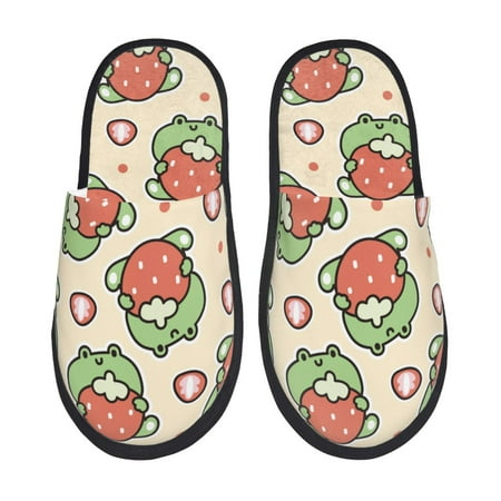 

Rateoe Frog Hold Strawberry Pattern Fuzzy Slippers Fuzzy Soft House Slippers Plush Furry Warm Cozy Open Toe Fluffy Home Shoes-Medium