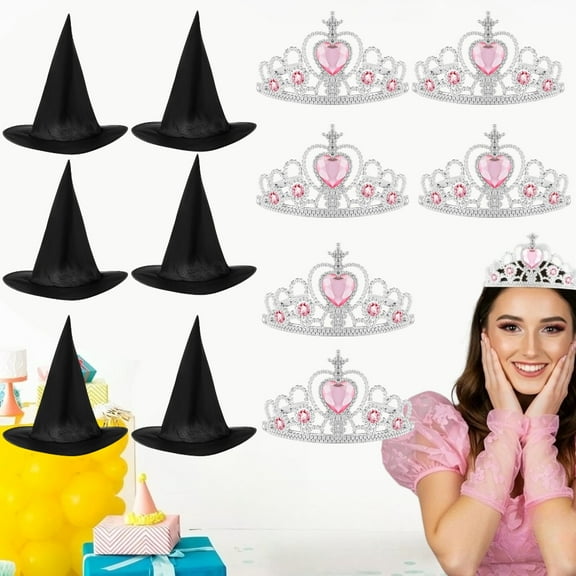 12 Piece Princess Crowns and Witch Hats Set Glittering Plastic Rhinestone Tiaras and Black Wizard Hats for Costume Parties, Halloween, Cosplay, and Decorations