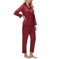 thumbnail image 5 of WTOBBY Women's Plus Size Ice Silk Satin Long Sleeve Long Pants Pajama Set, Soft Lightweight Loungewear for Home Relaxation and Sleep,Wine 2XL, 5 of 6