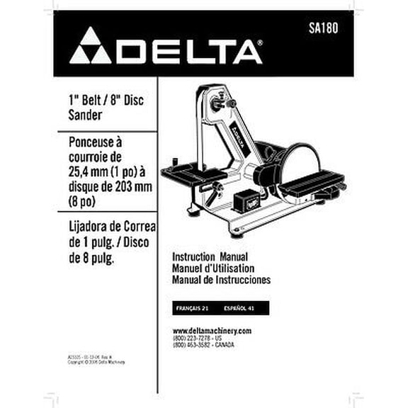 Instruction Manual ONLY for Delta SA180 1" Belt / 8" Disc Sander Instruction Manual REPRINT
