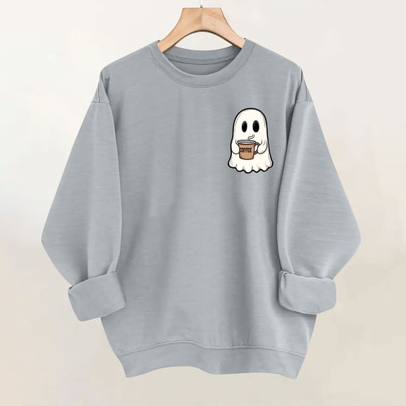 RKSTN Gray Halloween Cute Sweatshirts for Women Graphic Ghost Print Crewneck Sweatshirts Women Daily Casual Wear Pullover Womens Sweatshirts