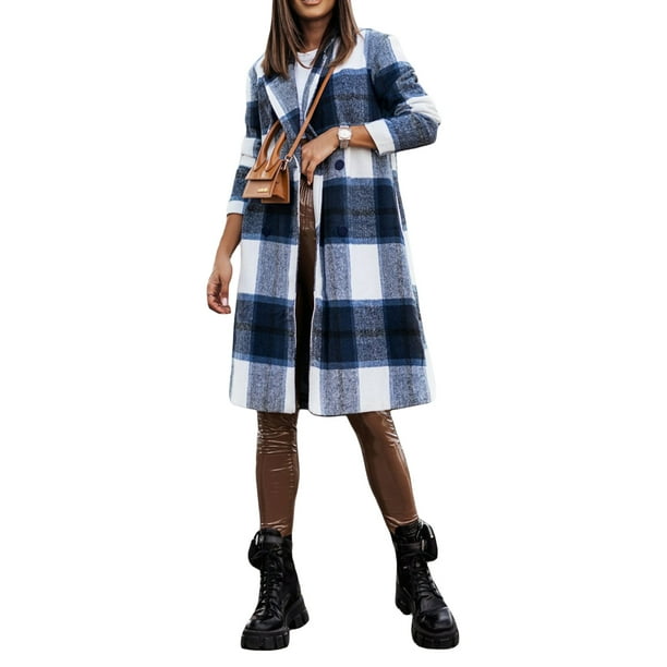 Txlixc Chaqueta de otoño para mujeres, cuello de solapa de manga larga estampado a cuadros Txlixc moda
