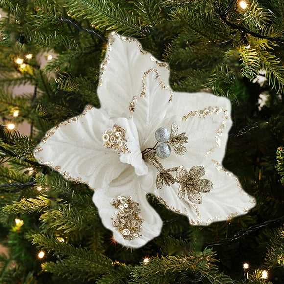 Dvkptbk Christmas Flowers Christmas Glitter Magnolia with Stems Christmas Tree Decorations Flower Wreath Christmas New Year Decoration Holiday Gift Valentines Day Gifts