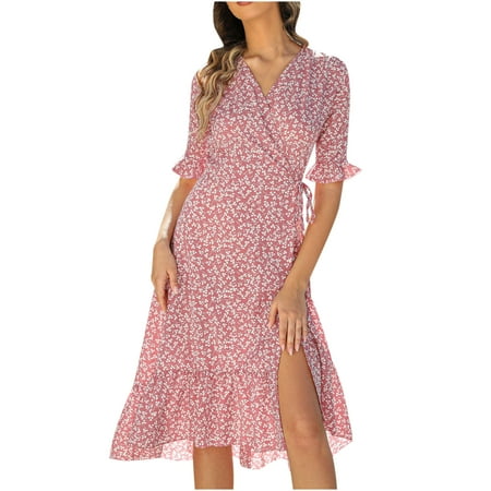 

Floleo Women s Dress Clearance Summer Women s Fashion Causual V-Neck Chiffon Floral Boho Beach Short Sleeve Dress