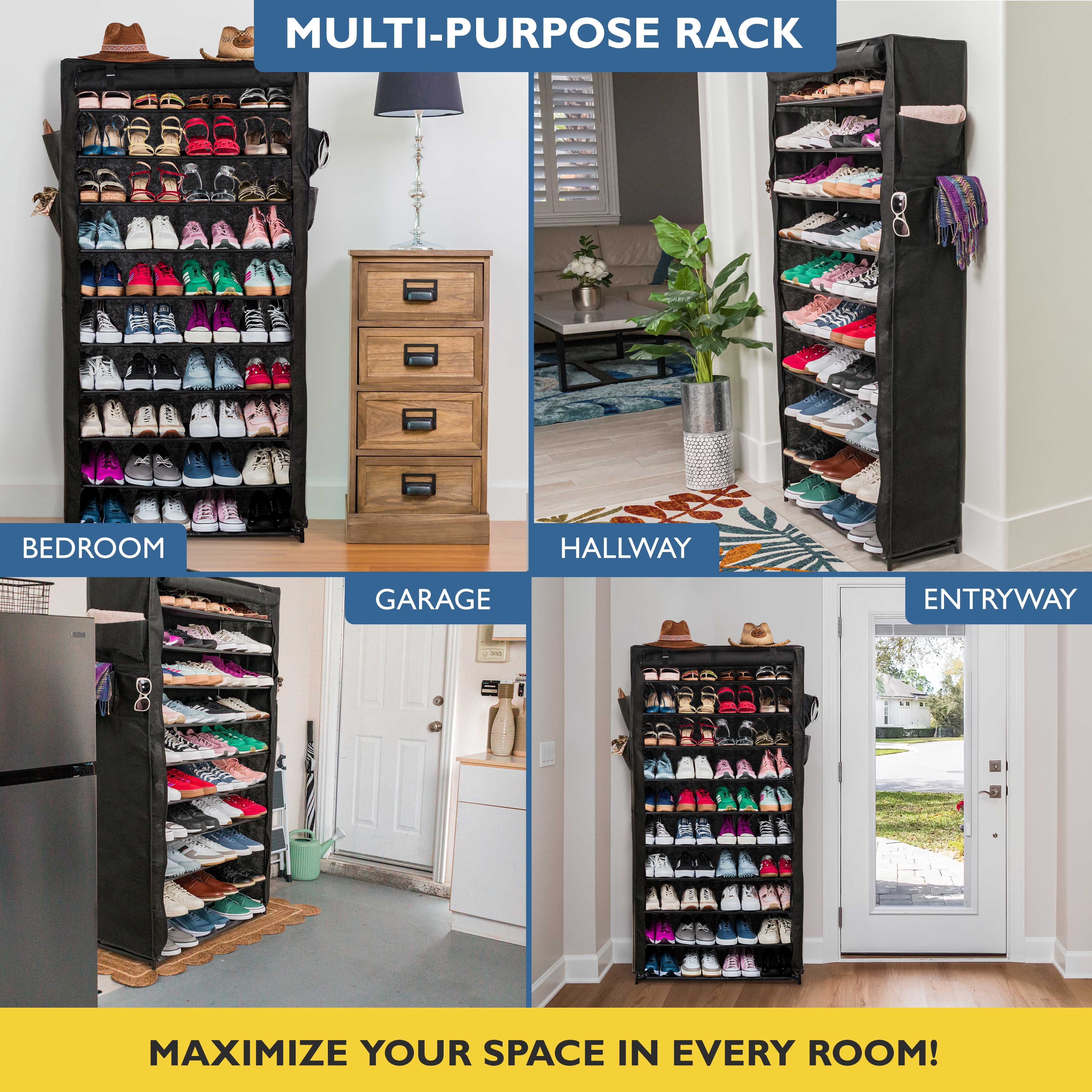 Sundaze Shoe Rack with Cover - 10 Tier Shoe Rack for Front Door Entrance, Sturdy Tall Shoe Organizer for Bedroom, Closet, Garage, Non Woven Fabric Shelf, Black, Holds Up to 50 Pairs