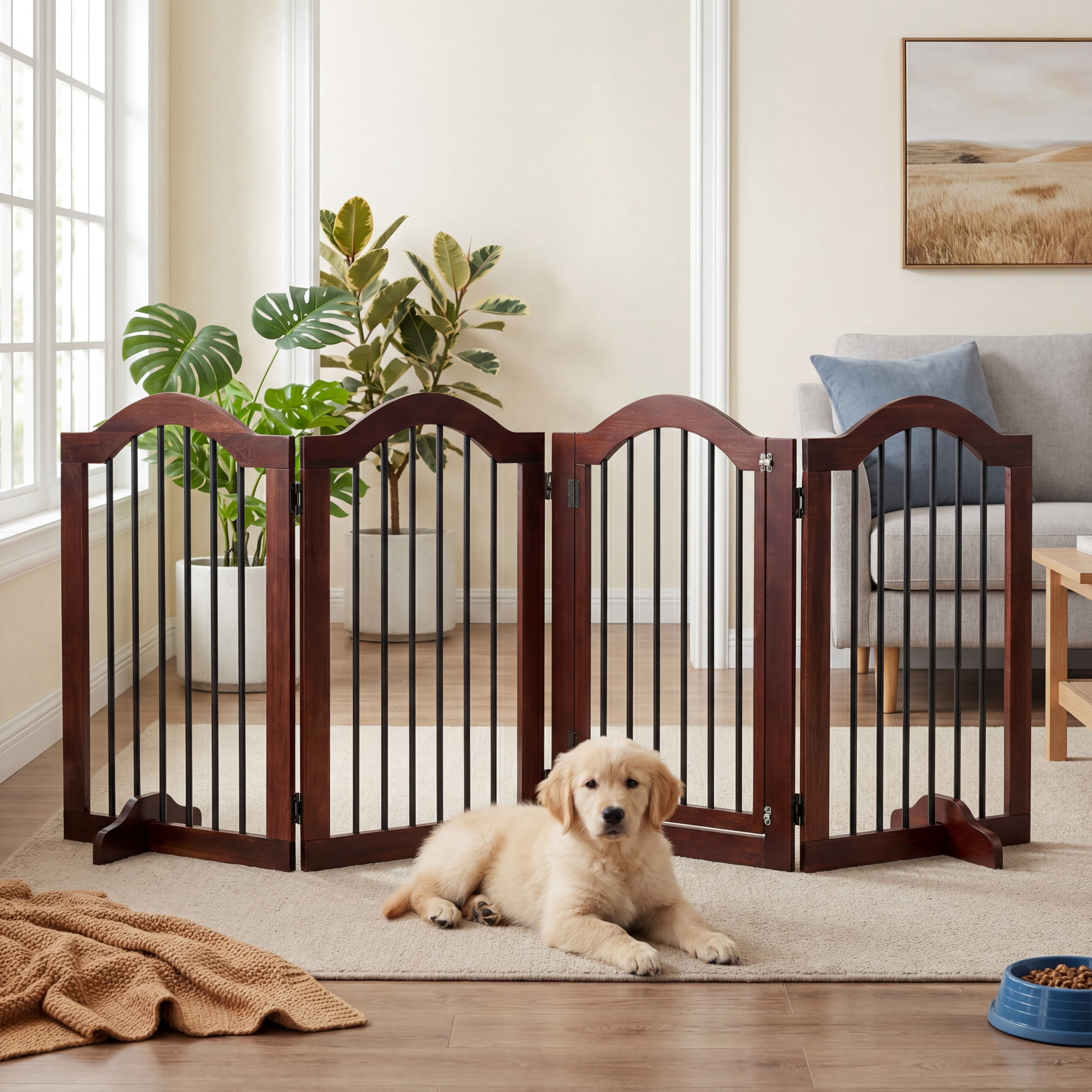 TrumanPick Free Standing Pet Gate with Door 30"H x 96"W Foldable Dog Gate 4 Panels Solid Wooden Dog Fence Indoor with Support Feet for House Doorways Stairs, Brown