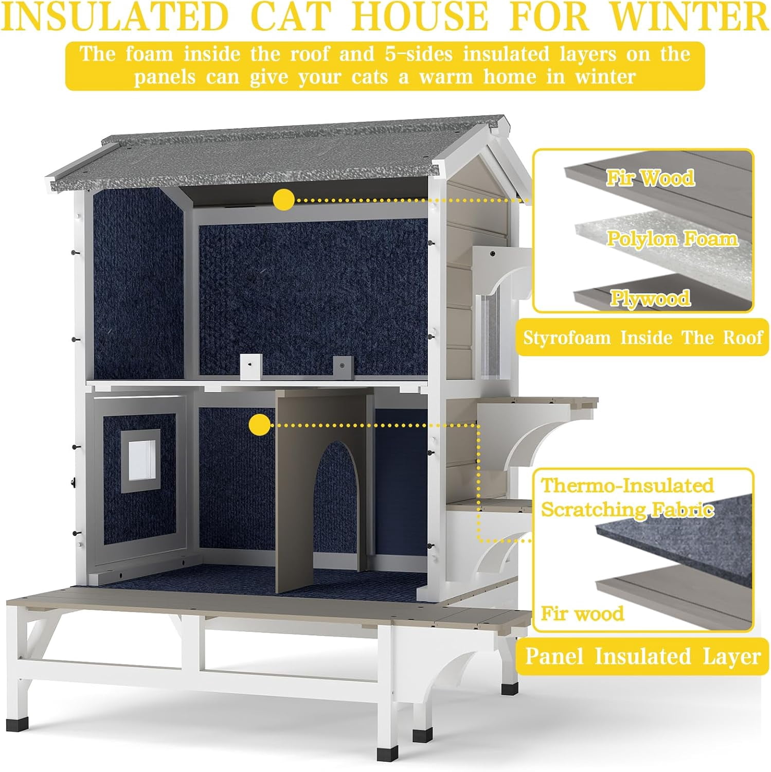 Petsblublu Insulated Outdoor Wooden Two Story Cat House Weatherproof Cats Shelter with 3 Jumping Platforms, Grey