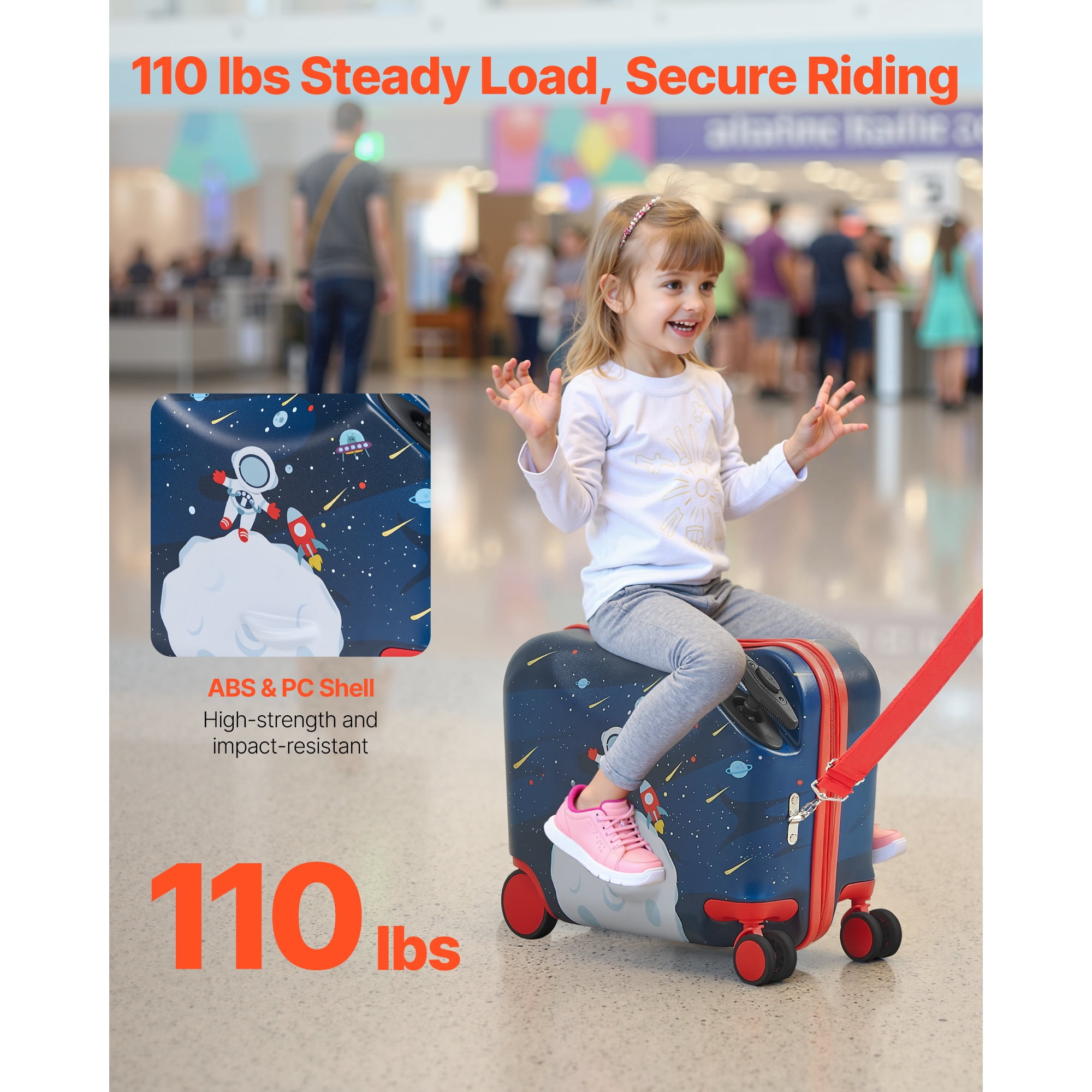 KFFKFF Ride-on Luggage, 26 L Capacity, 18-Inch Toddler Carry-On with Wheels, Adjustable Strap, Lightweight Kids Suitcase for Ages 3+, Blue & White