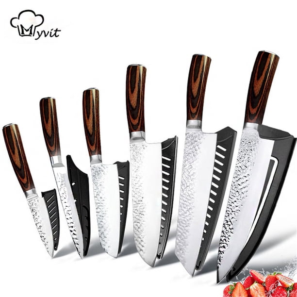 Juego de Cuchillos de Cocina Cuchillos Chef Santoku Cuchillos Japoneses de Acero Inoxidable Cuchillos Utilitarios con Hoja Martillada Forjada Ultra Afilada para Cortar, Rebanar y Cortar