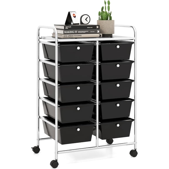 10 Drawer Rolling Cart, Storage Cart Organizer on Wheels, Drawer Cart with Metal Frame & Large Storage Capacity, Rolling Cart with Drawers for Living Room Classroom, Office