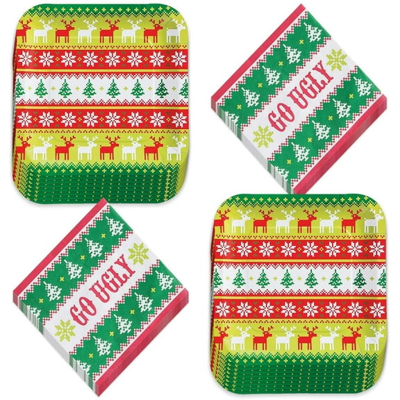Christmas Ugly Sweater Party Supplies - Tacky Sweater Patterned Square Paper Dinner Plates & Go Ugly Lunch Napkins (Serves 16)