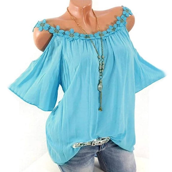 VERUGU Women Casual Loose Summer Top Solid Color Off-Shoulder Flared Sleeve Fashion Blouse