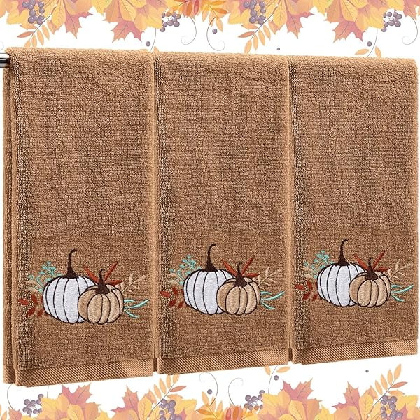 wonima44 3 Pcs Fall Hand Towels for Bathroom 13.8 x 29.5 Inch Autumn Decorative Bath Towels Sets 100% Cotton Embroidered Pumpkin Maple Thanksgiving Bathroom Decor(Khaki,Pumpkin)