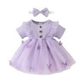 thumbnail image 1 of Robes Décontractées pour Bébés Filles Été Couleur Unie Broderie Papillon Col Rond Manches Courtes Danse Fête Princesse Robe de Plage, Violet, 9-12 Mois, 1 of 6