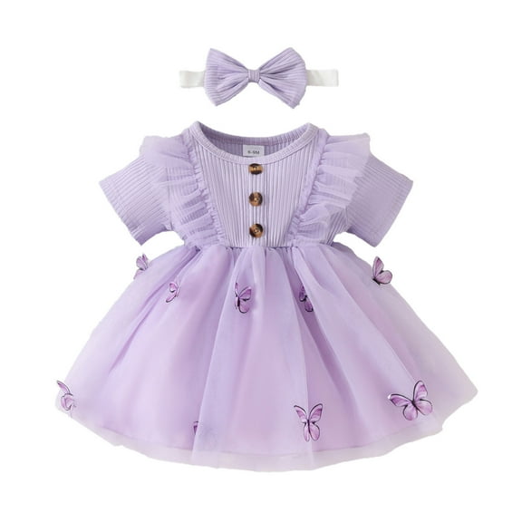 Tisuna Cute Dress For Baby Girls Butterfly Print Short Sleeve Crew Neck Dresses Stylish Fashion Girls Summer Tutu Dress With Headband Purple Size 9-12 Months