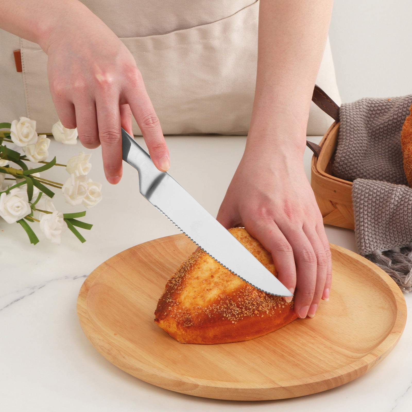 Buyer Star Kitchen Steak Knives Set of 6, 8.6 Inches Heavy Duty Steak Knife Sets, Stainless Steel Non-Stick Silverware Set for Home, Restaurant, Party, Wedding, Dishwasher Safe