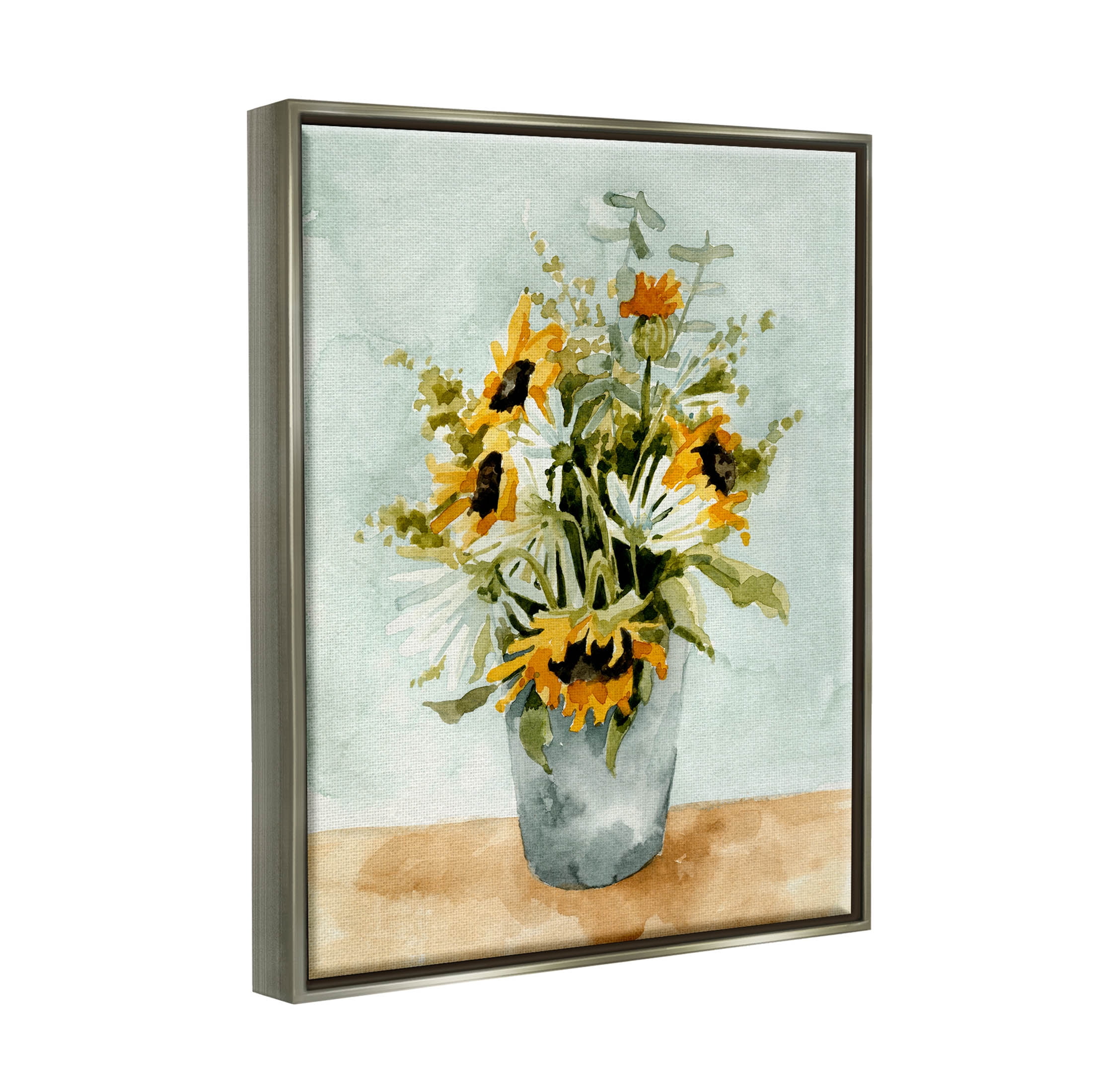 Stupell Industries Sunflower Blossom Watercolor Detail Painting Luster Gray Floating Framed Canvas Print Wall Art, Design by Emma Caroline