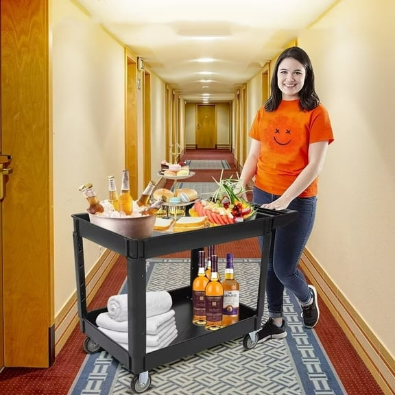 2-Shelf Utility Cart - 500 lb Capacity, Rolling Service Cart with 360°Swivel Wheels, Ergonomic Handle for Warehouse, Garage, Manufacturing, Cleaning, Black