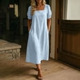 thumbnail image 2 of fheaev Women's Square Neck Short Sleeve Fit Flare Midi Dress with Pockets Solid for Everyday Blue 2XL, 2 of 9