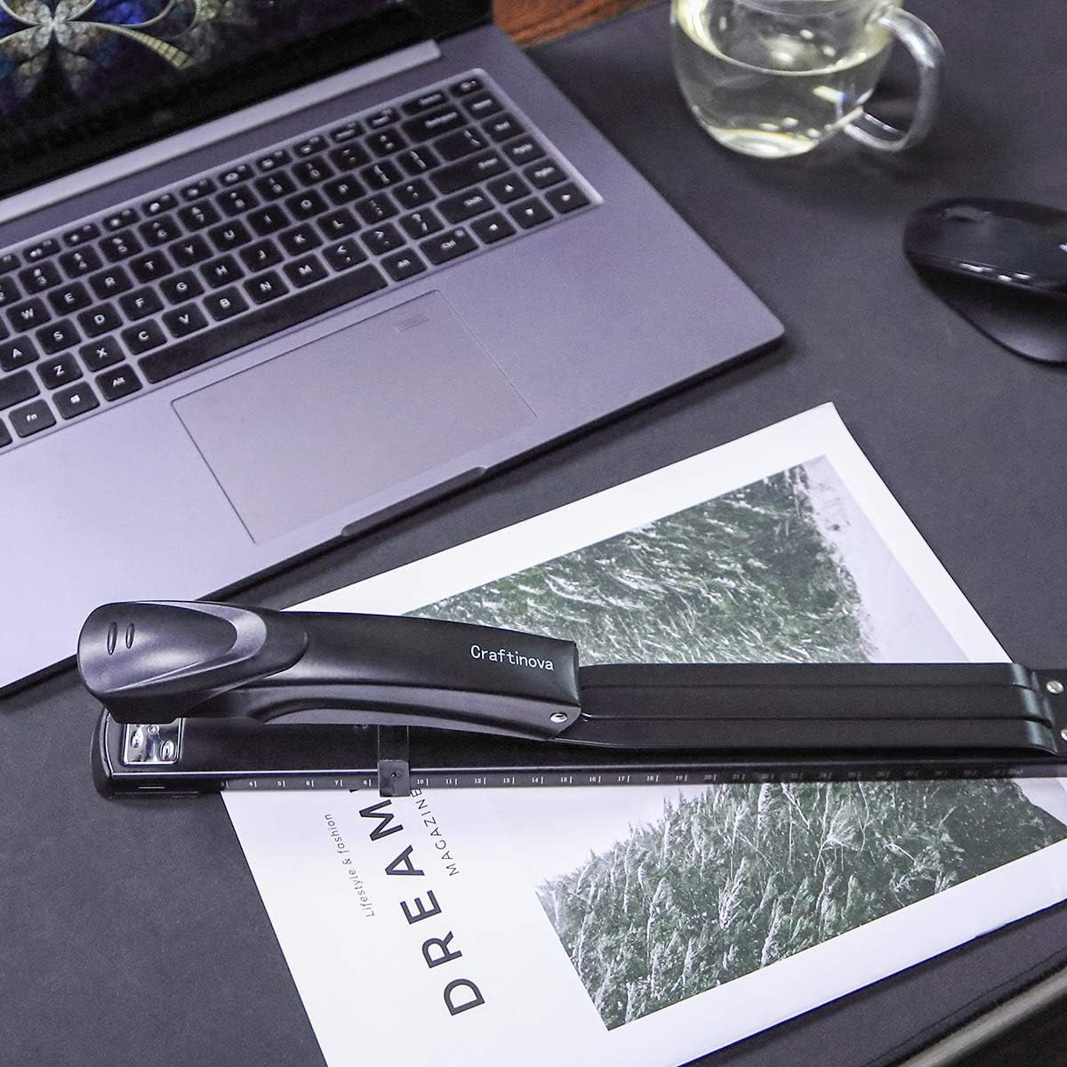 Long Reach Stapler,with 2000 Staples & Stapler Remover Full Strip，20-25 Sheet Capacity,with Built-in Ruler and Adjustable Locking Paper Guide, Black