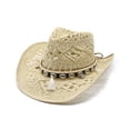 thumbnail image 2 of sususu Straw Cowboy Hat, Western Cowgirl Hat, Wide Brim Sun Beach Hat for Women Beige, 2 of 4