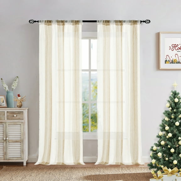 Uptown Home Semi Sheer Stripe Rustic Window Curtain Panels Provide Privacy for Bedroom Living Room Linen Rod Pocket Drapes, 50"x 95"x2, Beige and White