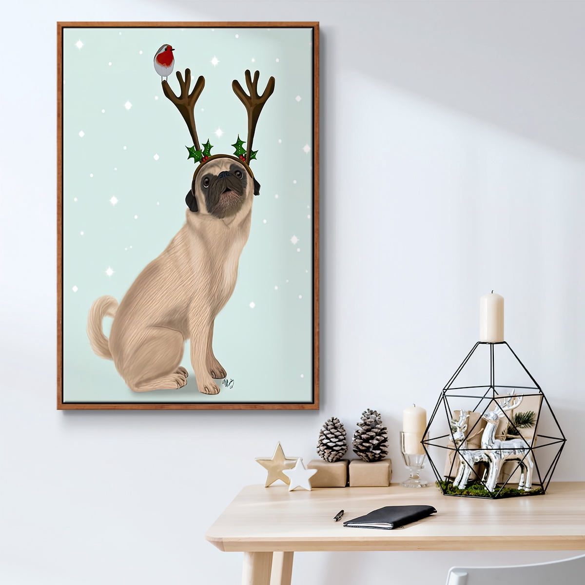 Christmas Pug with Antlers and Robin - Framed Gallery Wrapped Holiday Canvas - 17 x 25 - Rosewood Frame